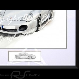 Porsche 911 type 996 Turbo weiß Große schwarz Aluminium Rahmen mit Schwarz-Weiß Skizze Limitierte Auflage Uli Ehret - 104B