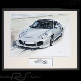 Porsche 911 type 996 Turbo white Big black aluminum frame with black and white sketch Limited edition Uli Ehret - 104B