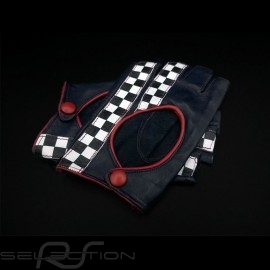 Driving Gloves fingerless mittens leather Racing Navy blue / red checkered flag