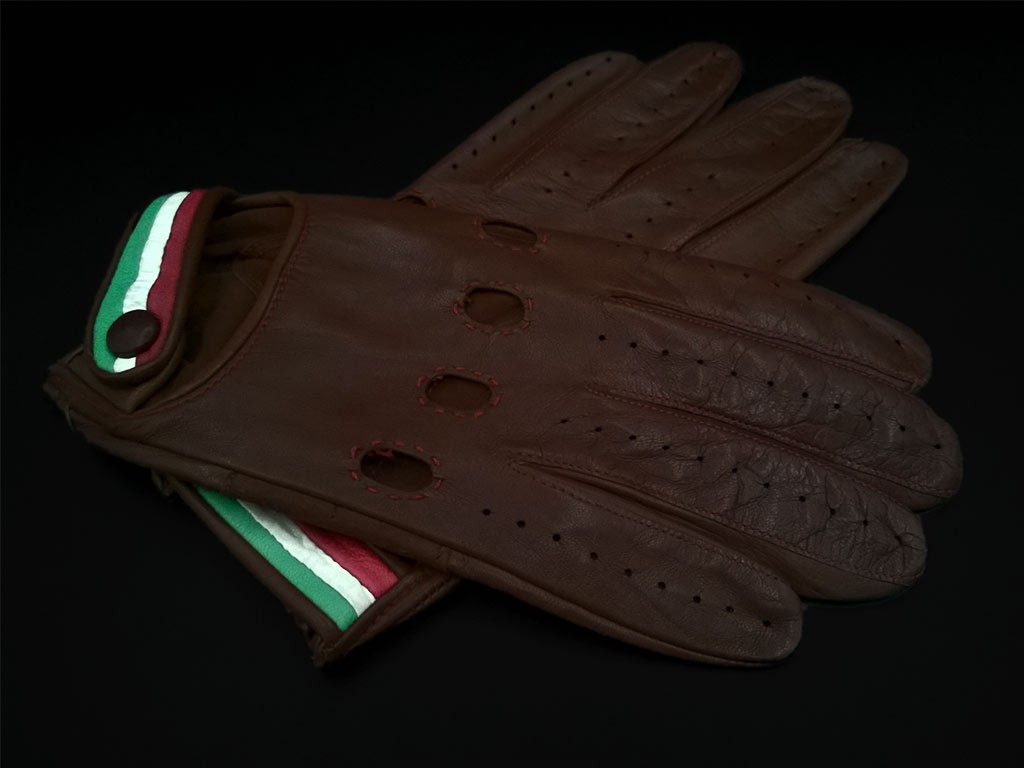 Fahren Handschuhe Italia Racing Braun Leder Tricolor Band - Elfershop