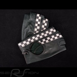 Fahren Handschuhe fingerless Leder Racing Dunkelgrün / Schwarz Zielflagge