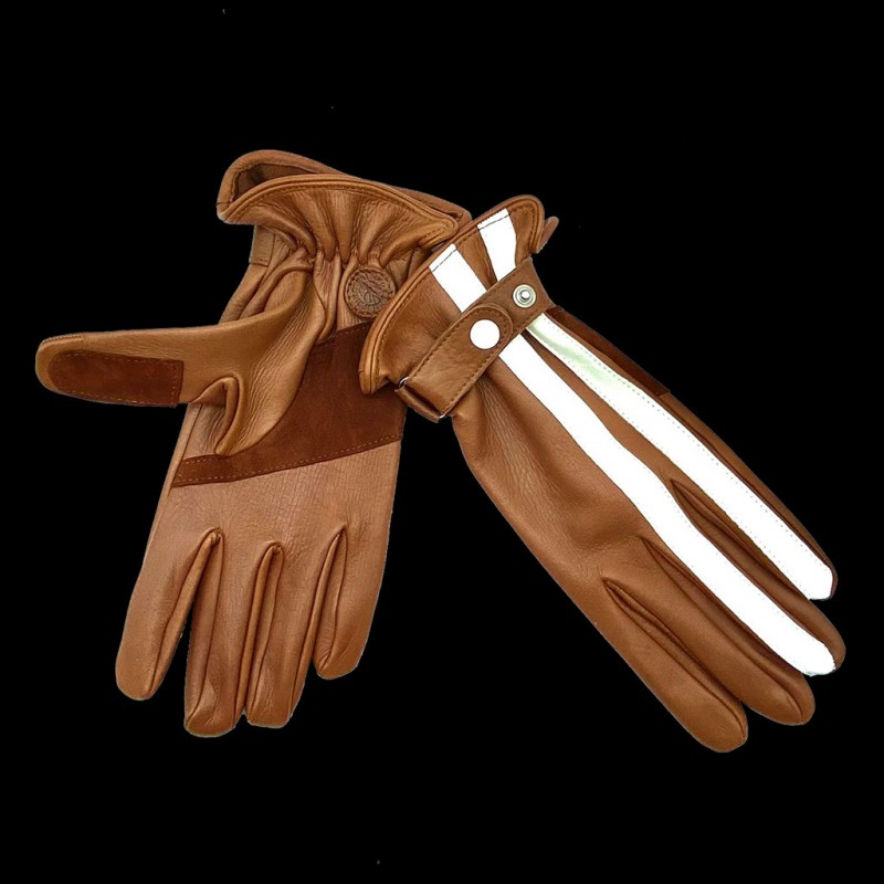 Racing driving gloves Savage leather Brown / White stripes - men